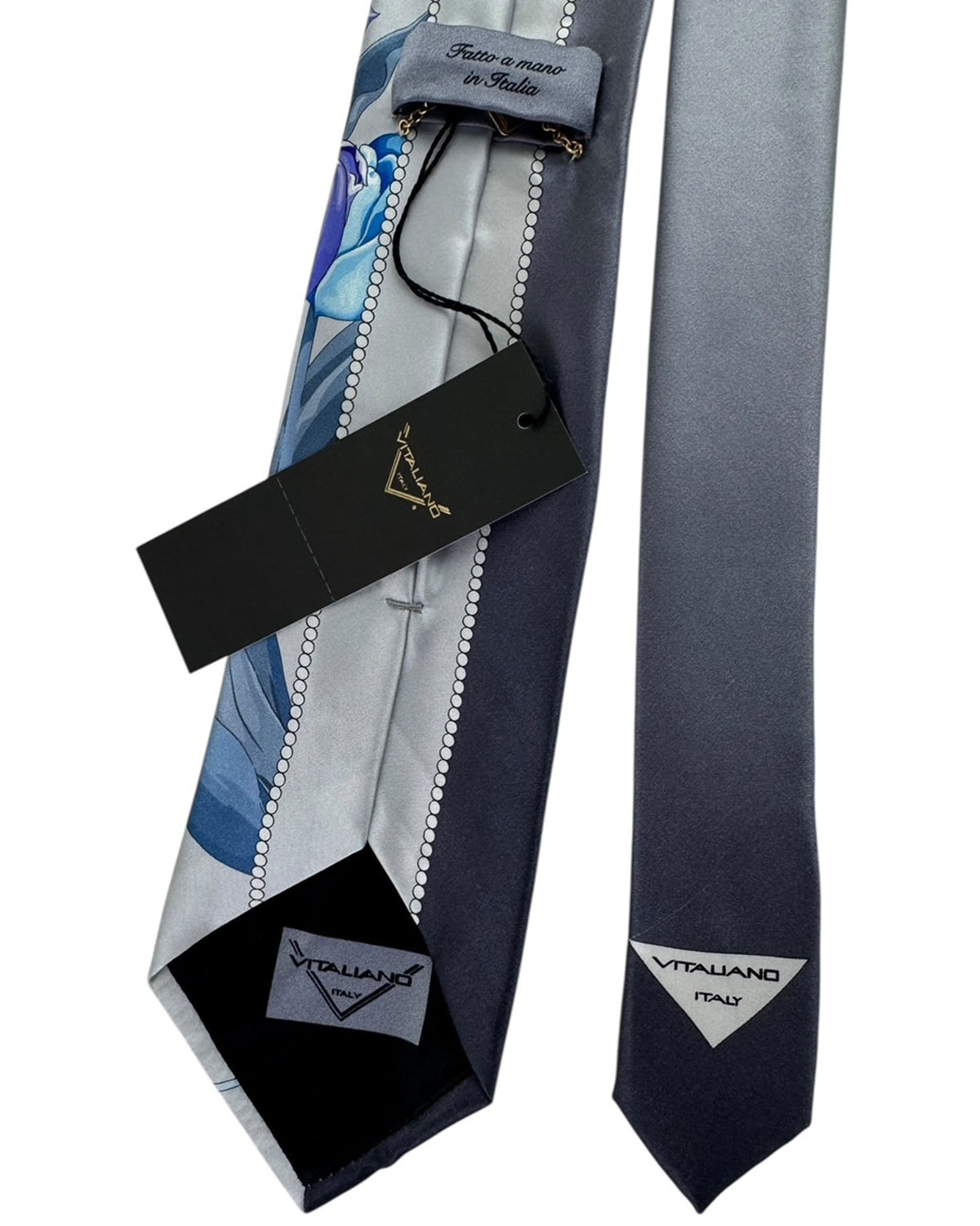Vitaliano Pancaldi Silk Tie Silver Floral with Navy Accent Stripe