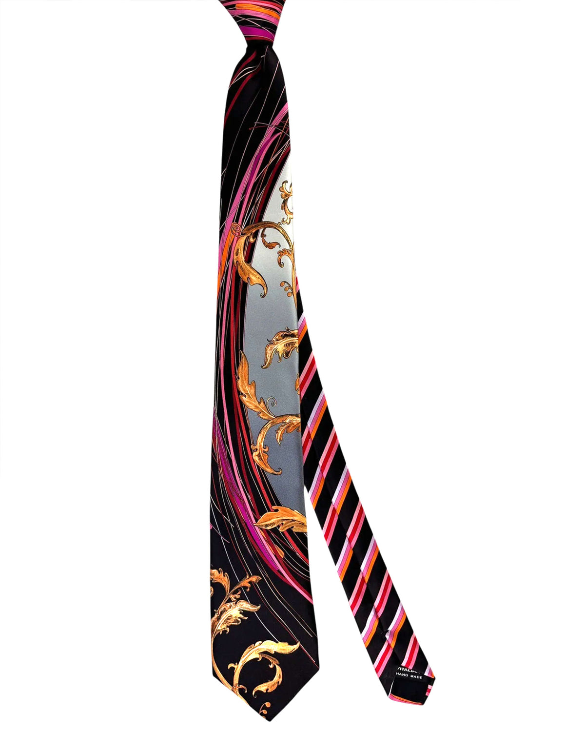 Vitaliano Pancaldi Silk Tie Black With Pink Stripes And Gold Scrollwork