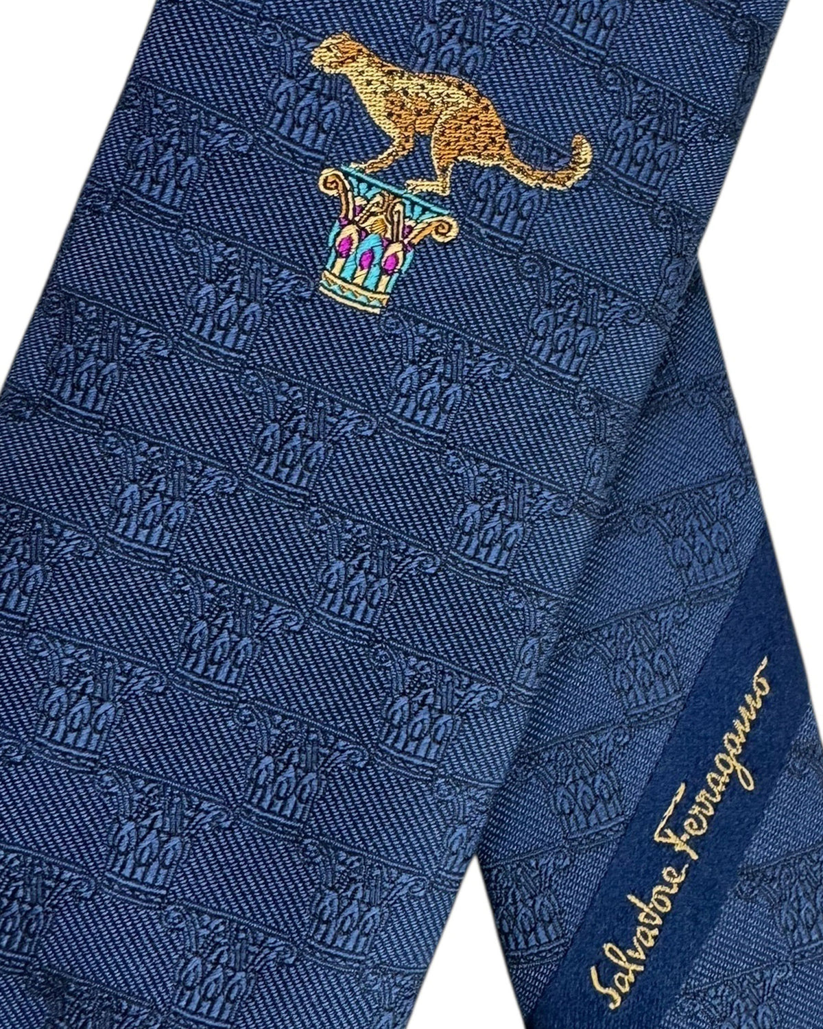 Salvatore Ferragamo Royal Blue Jaguar Design - Narrow Jacquard Silk Necktie SALE