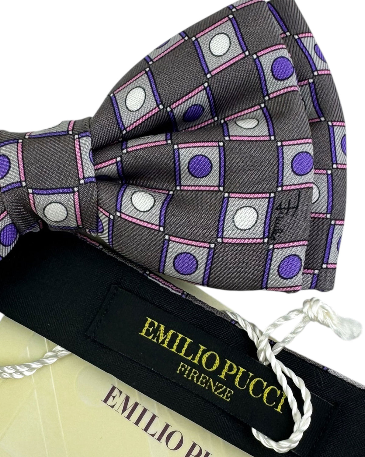 Emilio Pucci Bow Tie Gray Purple Pink Dots & Squares - Pre-Tied Designer Bowtie
