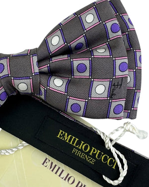 Emilio Pucci Bow Tie Gray Purple Pink Dots & Squares - Pre-Tied Designer Bowtie