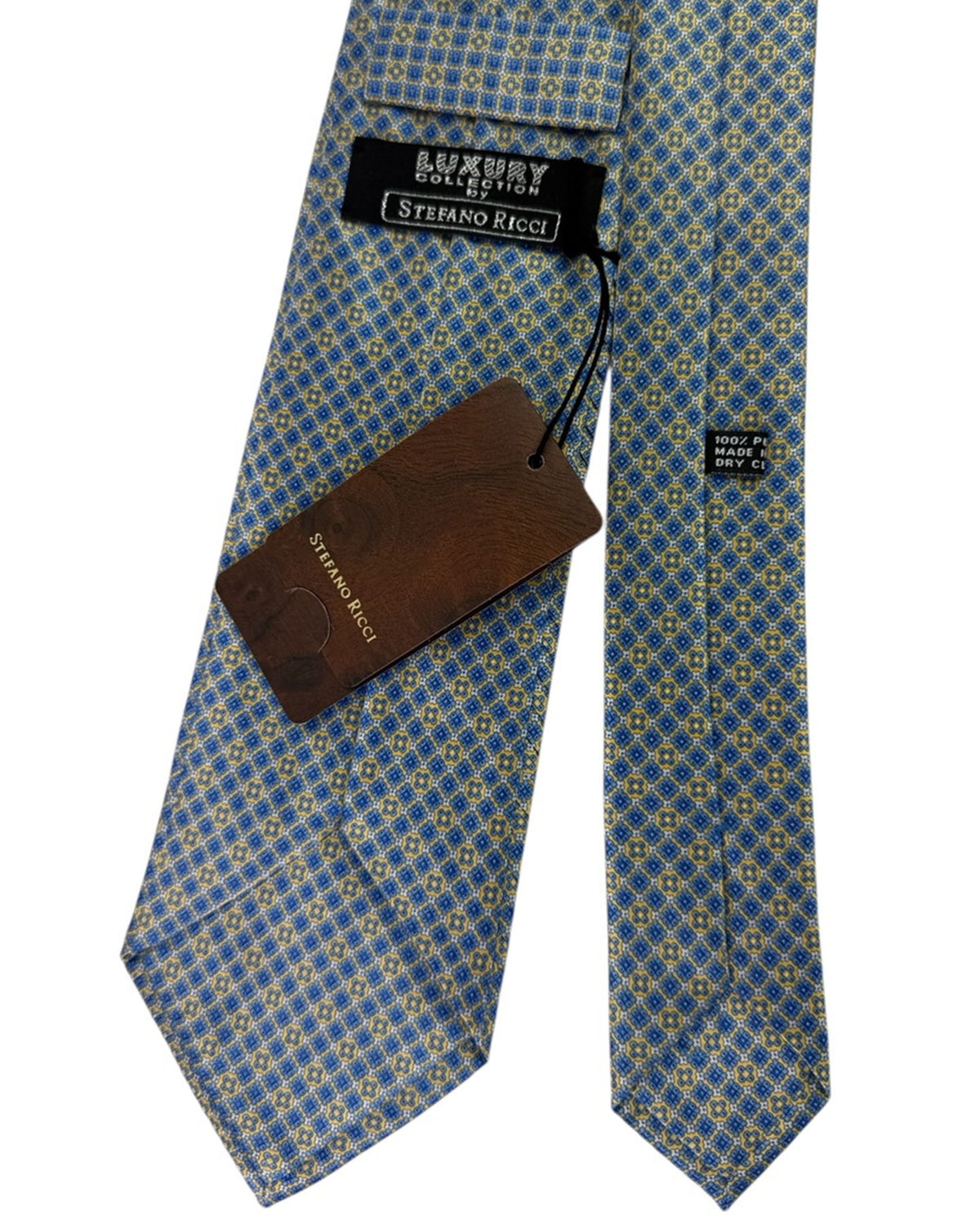 Stefano Ricci Silk Tie Blue Gold Micro Floral Grid Pattern