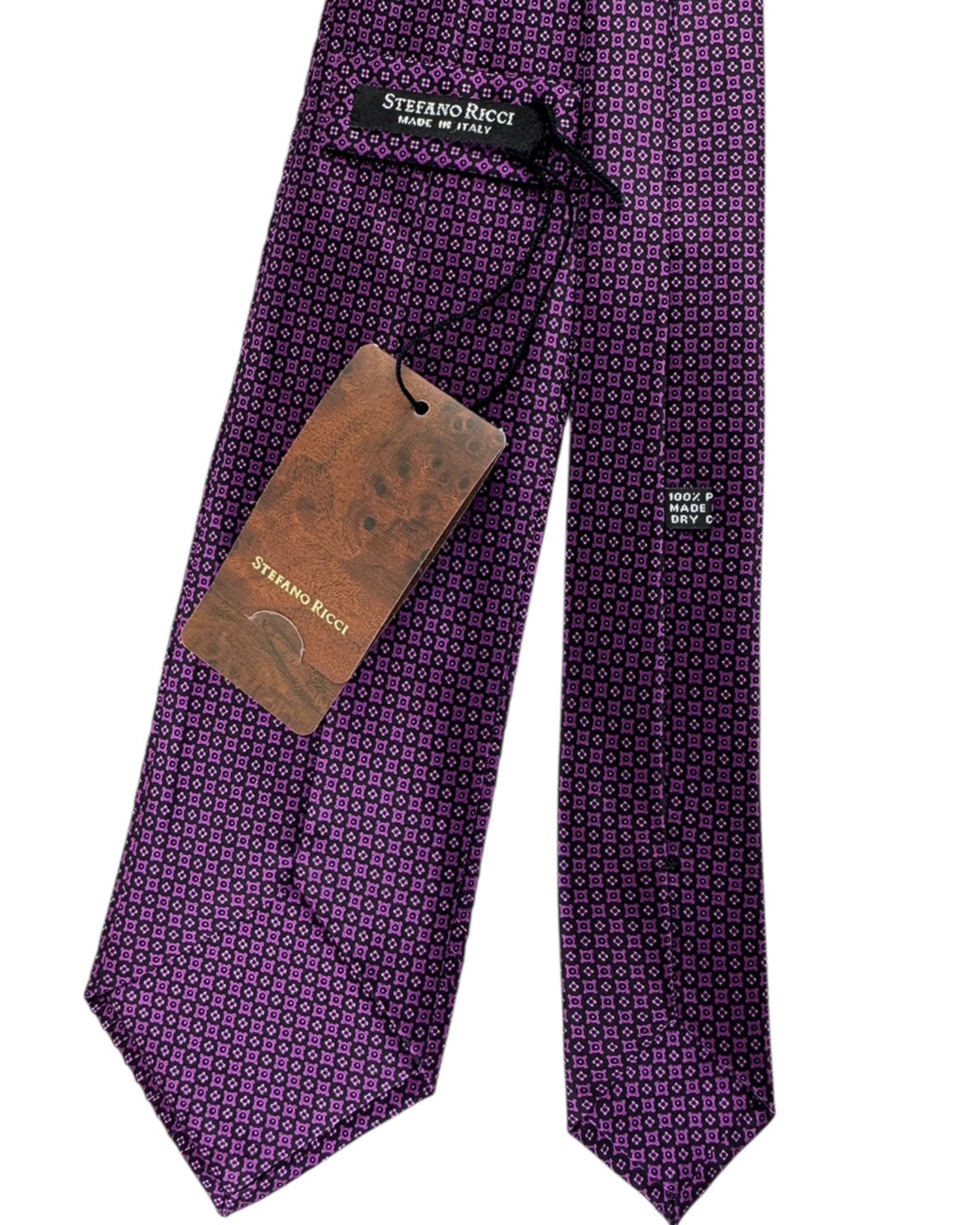 Stefano Ricci Pleated Silk Tie Purple Micro Floral Geometric Pattern
