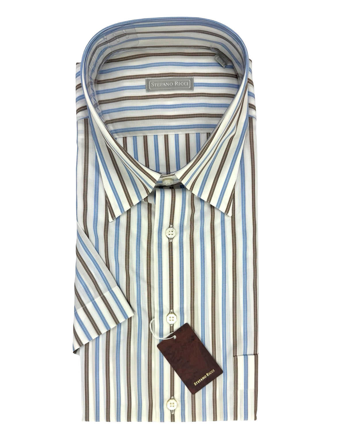 Stefano Ricci Short Sleeve Shirt White Blue Brown Stripes 