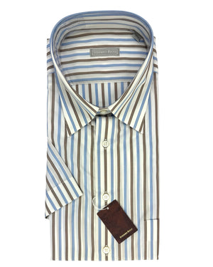 Stefano Ricci Short Sleeve Shirt White Blue Brown Stripes 