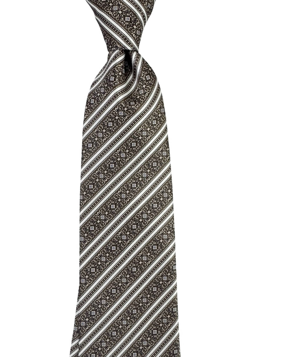 Stefano Ricci Tie Taupe Brown Silver Ornate Stripes