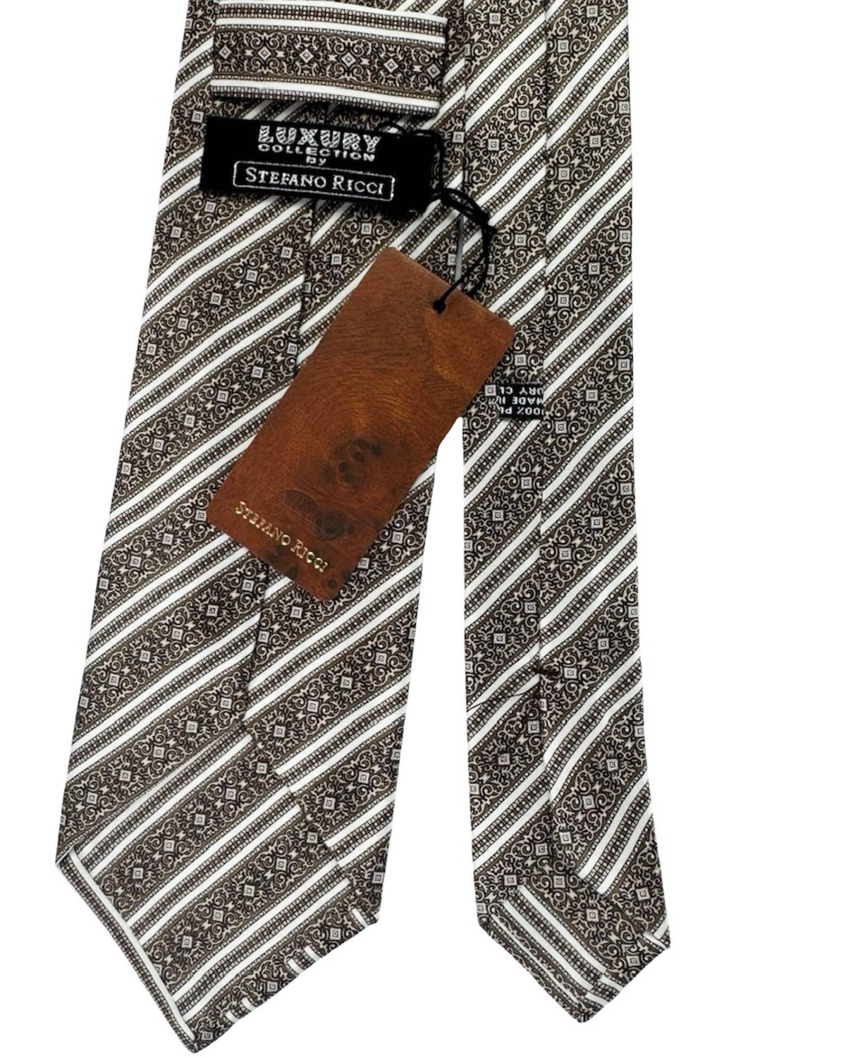 Stefano Ricci Tie Taupe Brown Silver Ornate Stripes
