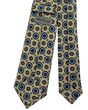 Sartorio Napoli Silk Tie Tan Navy Brown Floral Medallions