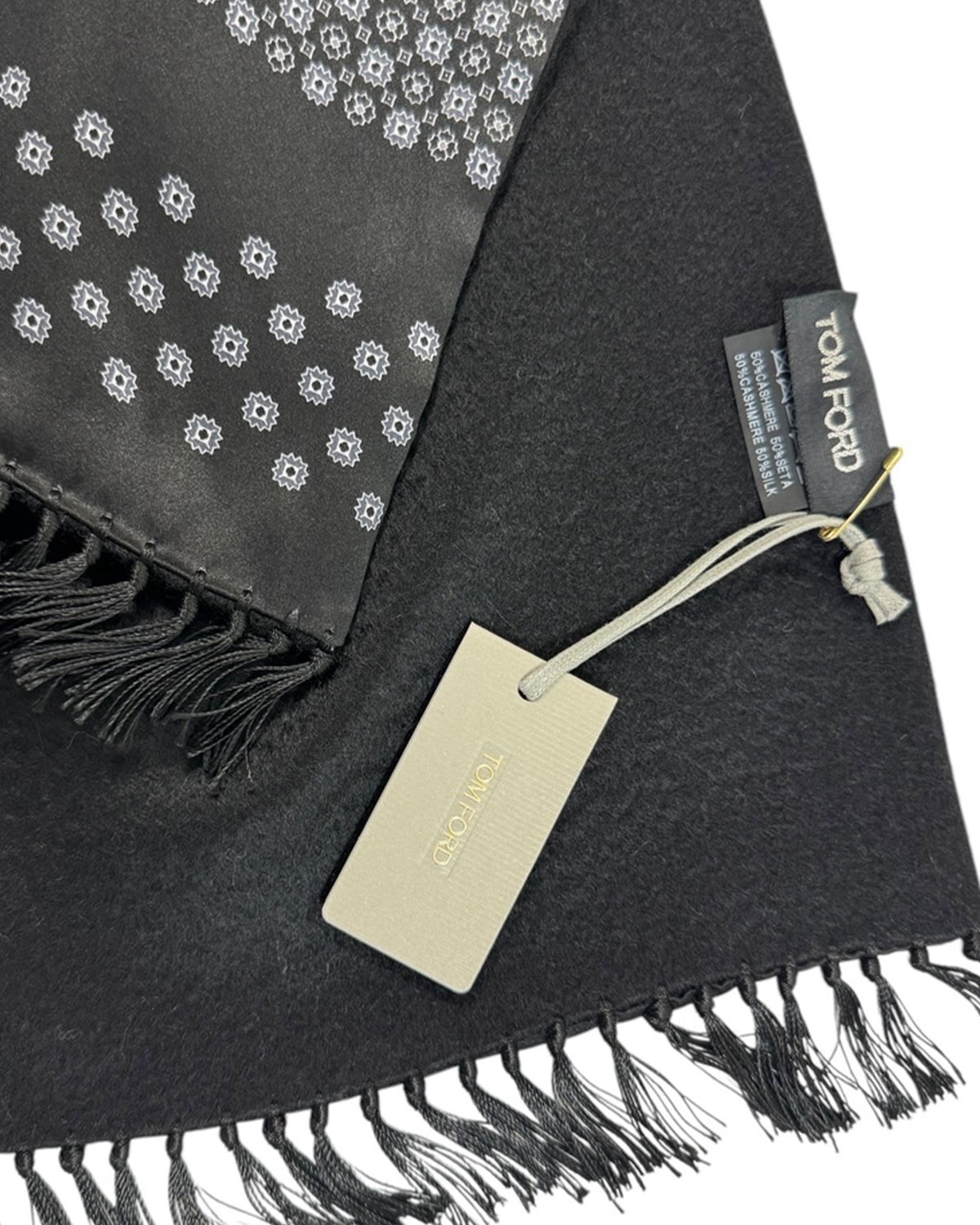 Tom Ford Scarf Black Silver Geometric Fringe Cashmere Silk