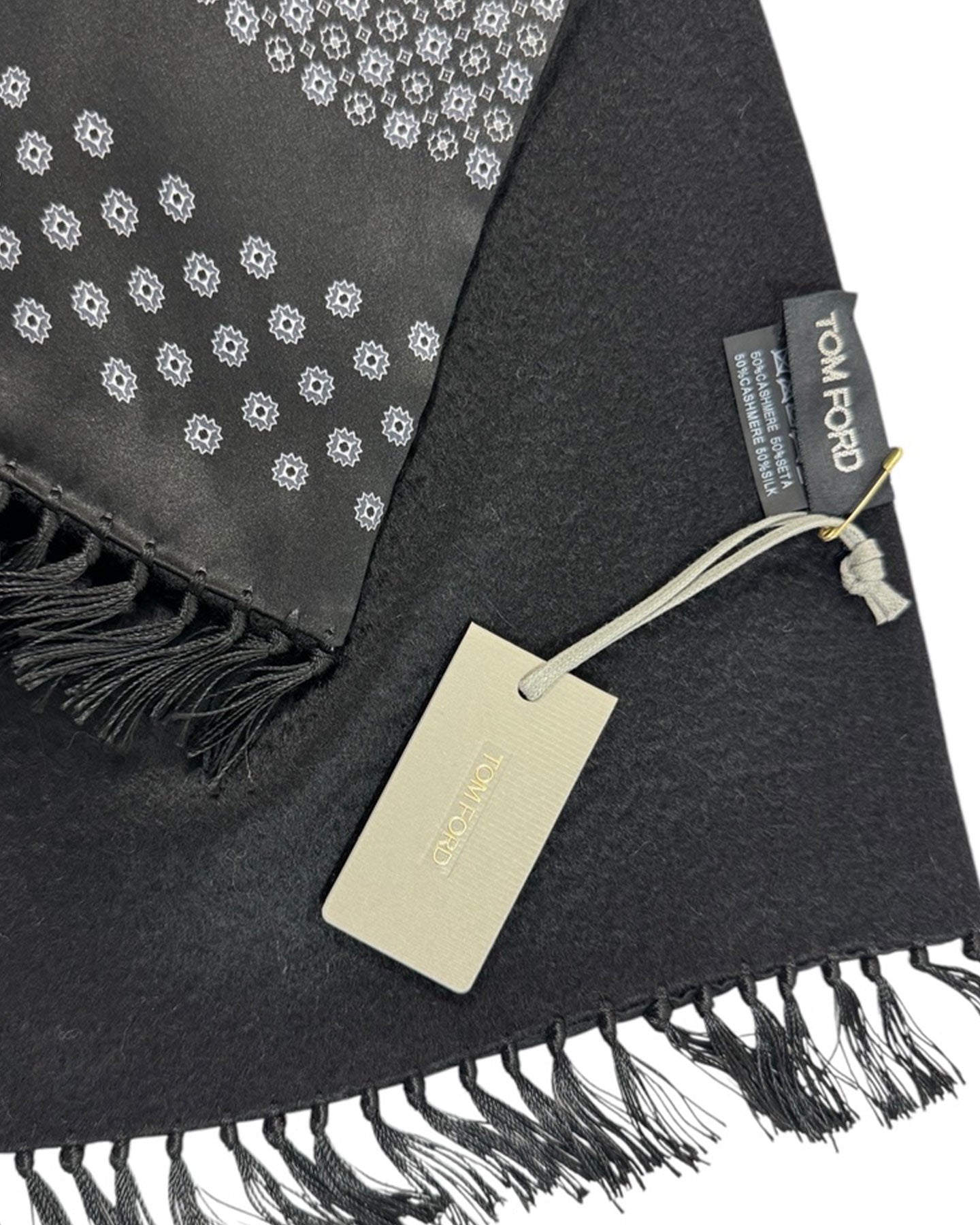 Tom Ford Scarf Black Silver Geometric Fringe Cashmere Silk