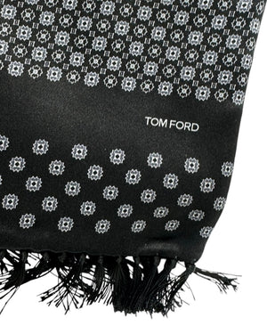 Tom Ford Scarf Black Silver Geometric Fringe Cashmere Silk