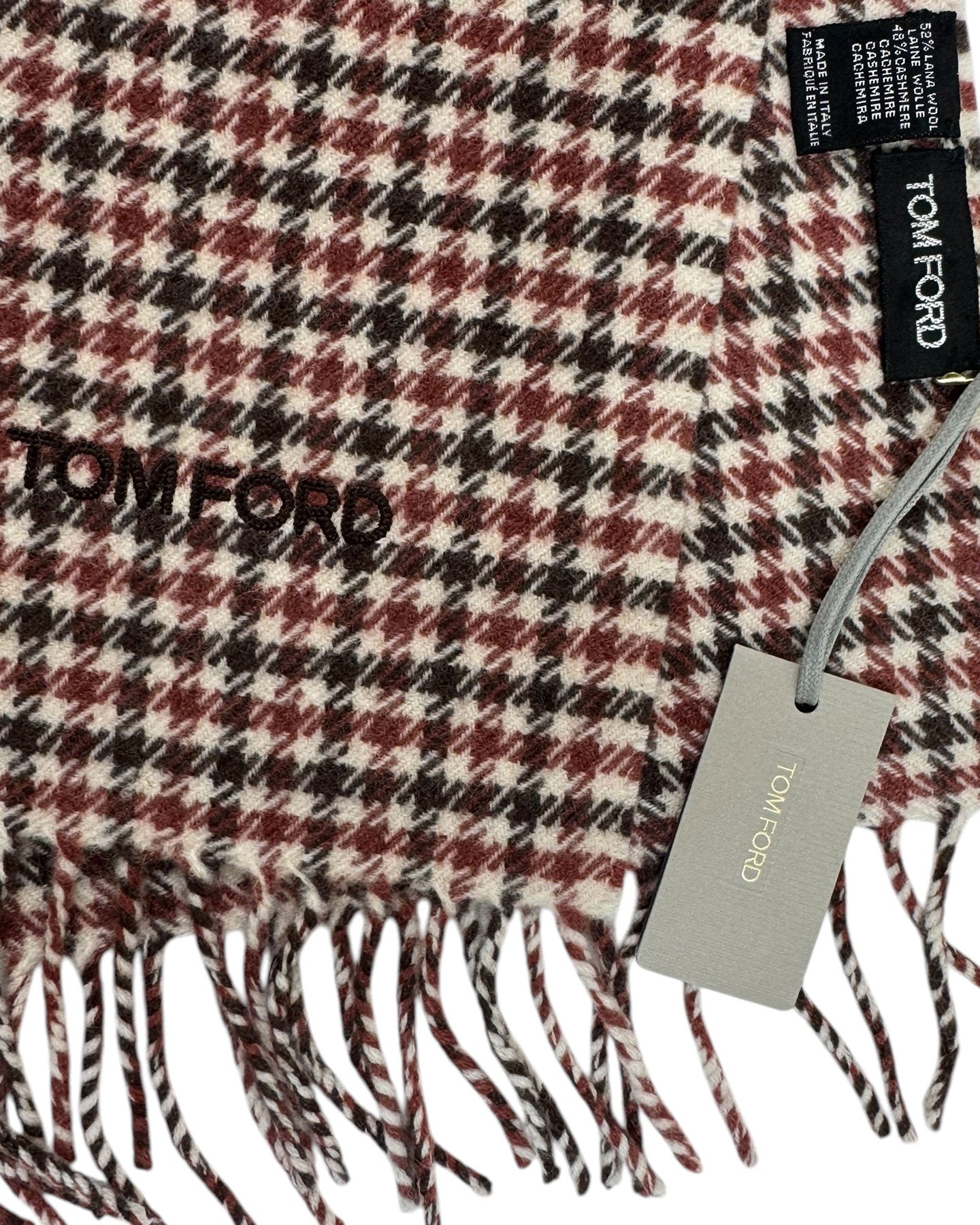 Tom Ford Scarf Brown Maroon Check Wool Cashmere