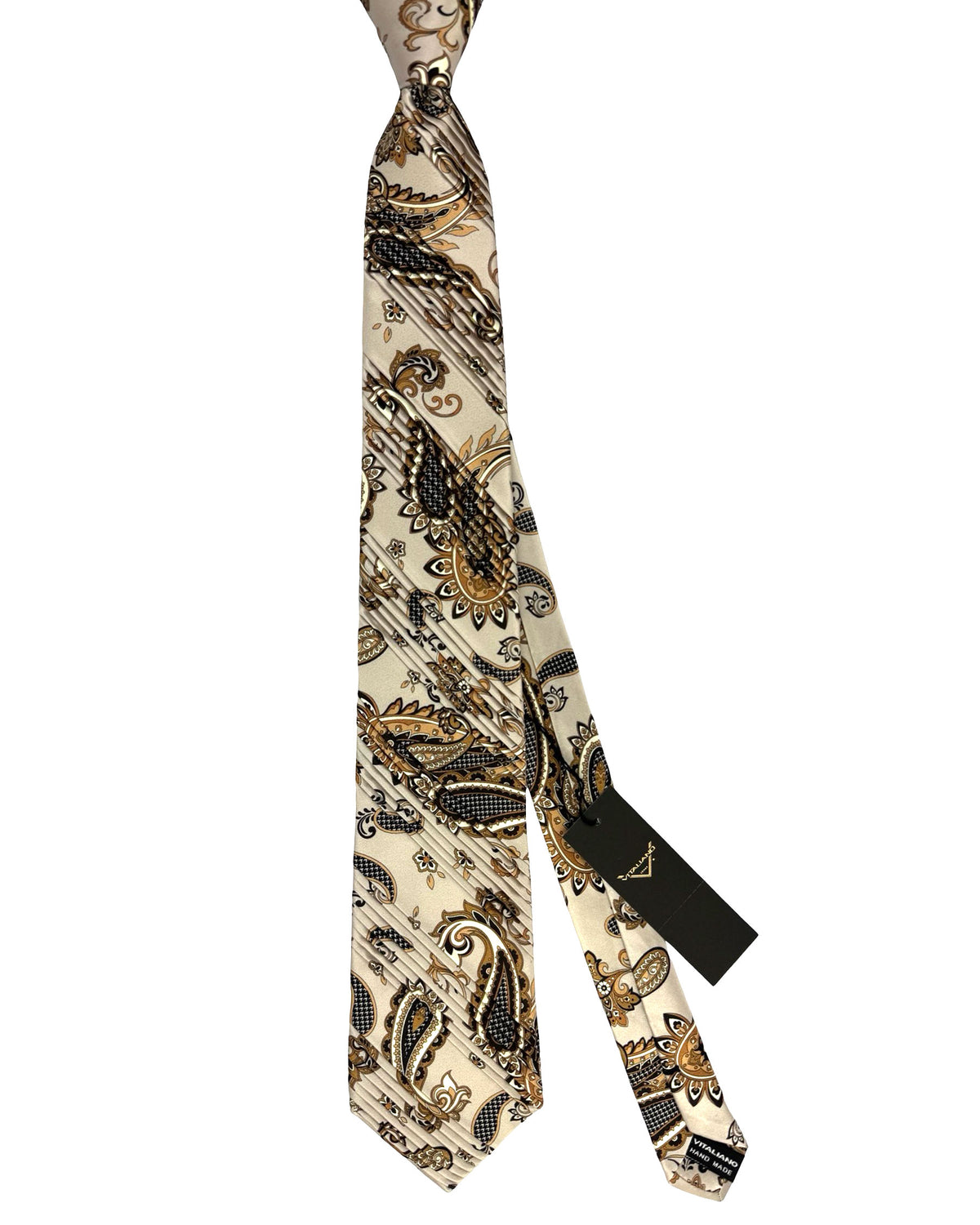 Vitaliano Pancaldi Pleated Silk Tie Gray Brown Paisley