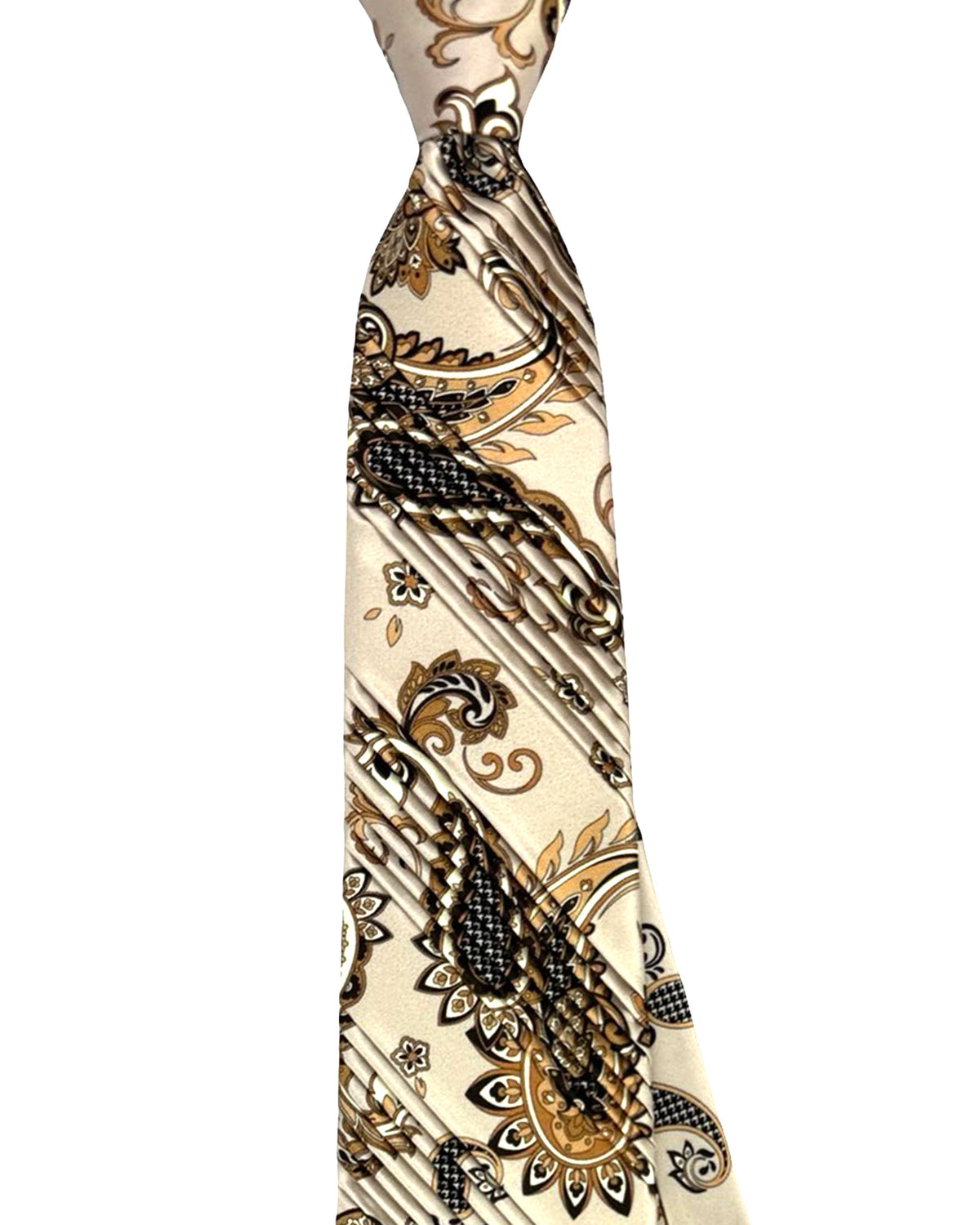 Pancaldi Pleated Silk Tie Gray Brown Paisley