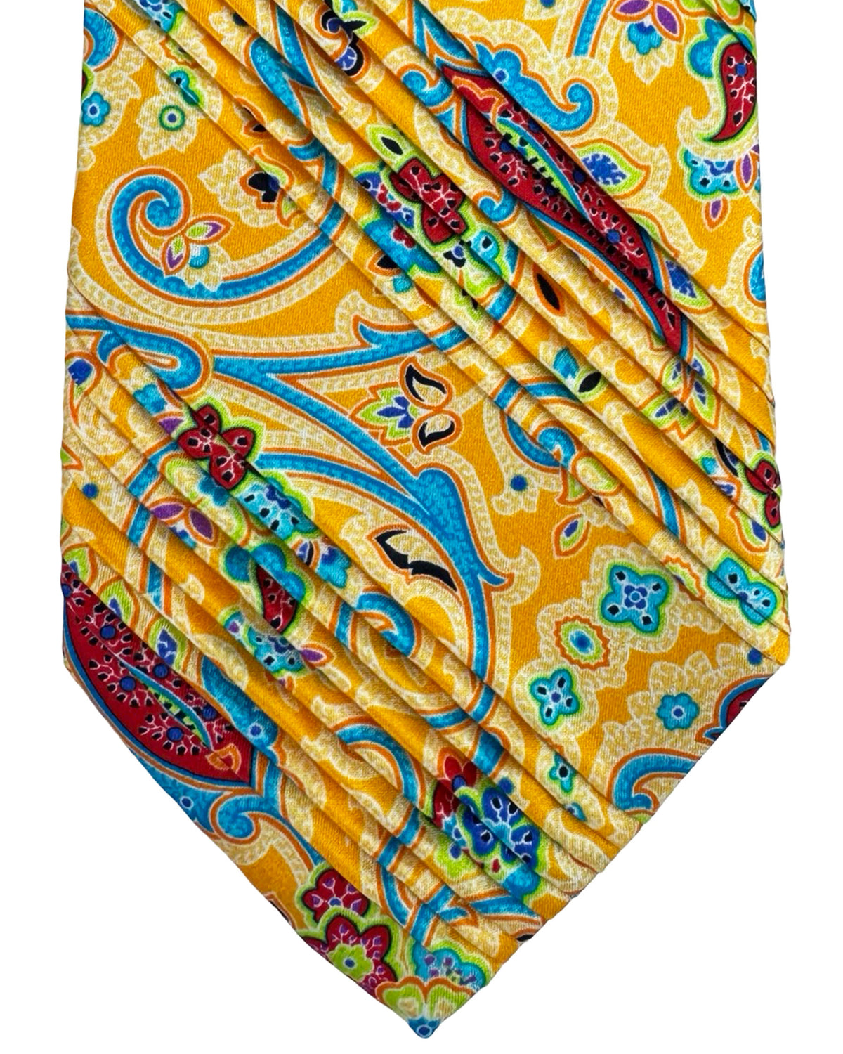 Vitaliano Pancaldi Pleated Silk Tie Bright Orange Aqua Paisley