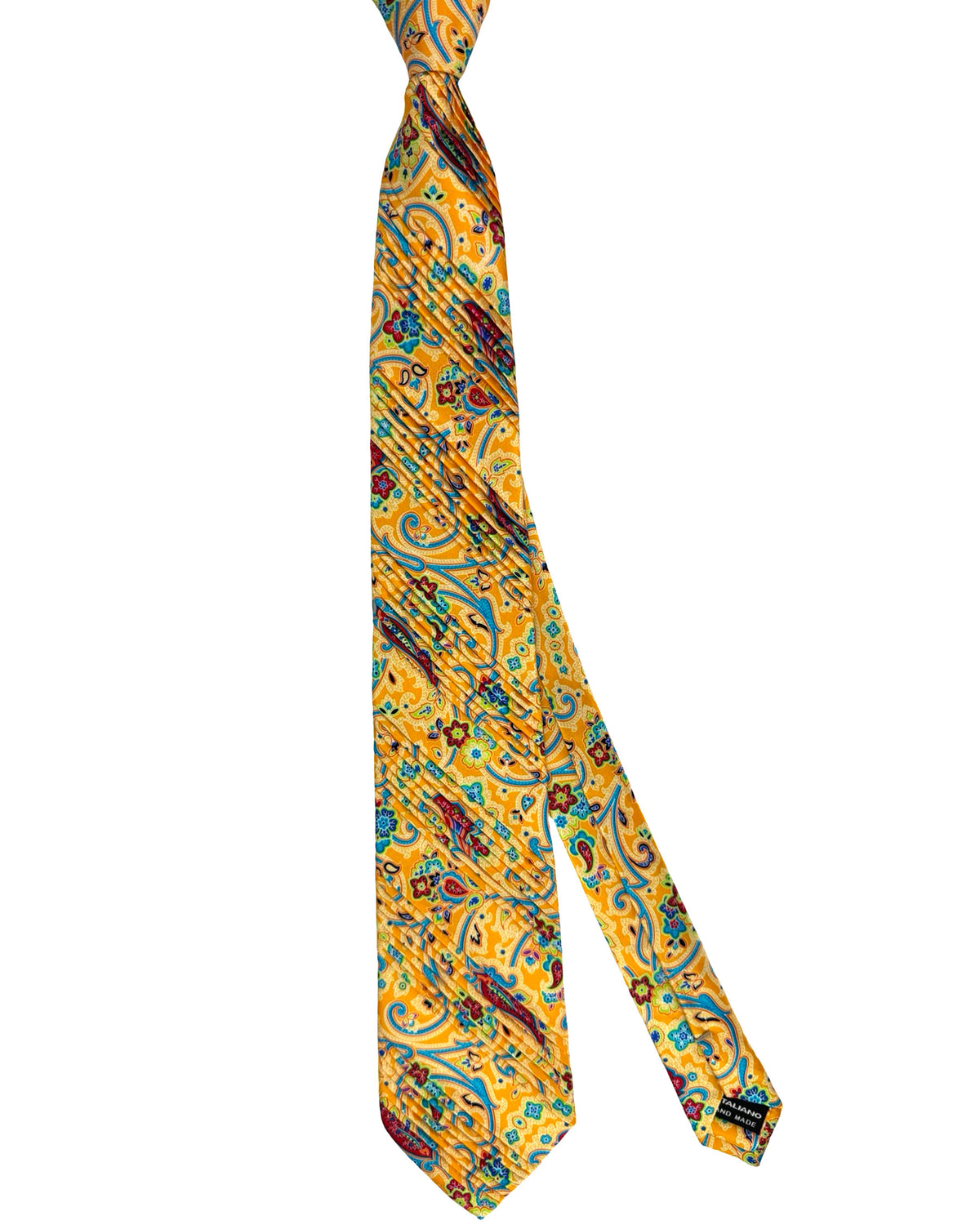 Vitaliano Pancaldi Pleated Silk Tie Bright Orange Aqua Paisley