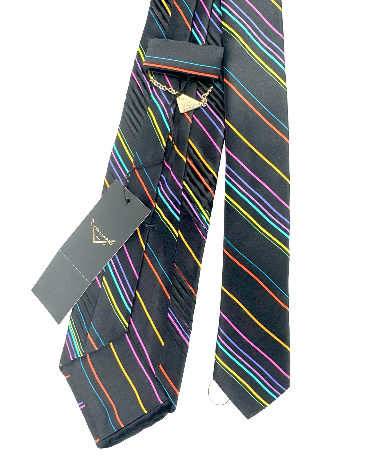 Vitaliano Pancaldi Pleated Silk Tie Black Multi Color Stripes