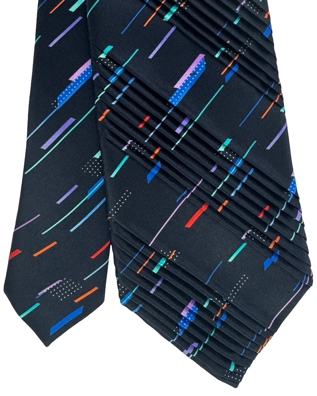 Vitaliano Pancaldi Pleated Silk Tie Black Multi Color Lines Design