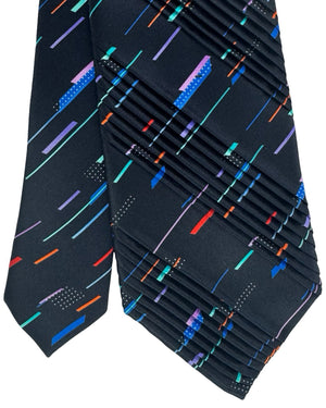 Vitaliano Pancaldi Pleated Silk Tie Black Multi Color Lines Design
