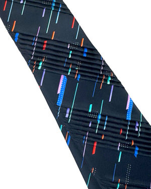 Vitaliano Pancaldi Pleated Silk Tie Black Multi Color Lines Design