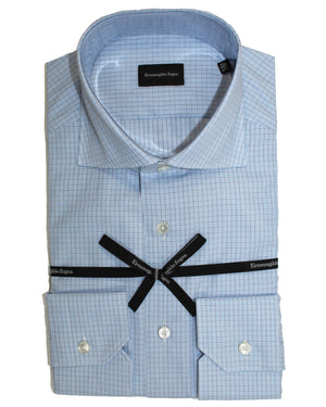 Zegna Dress Shirt White Blue Black Check 