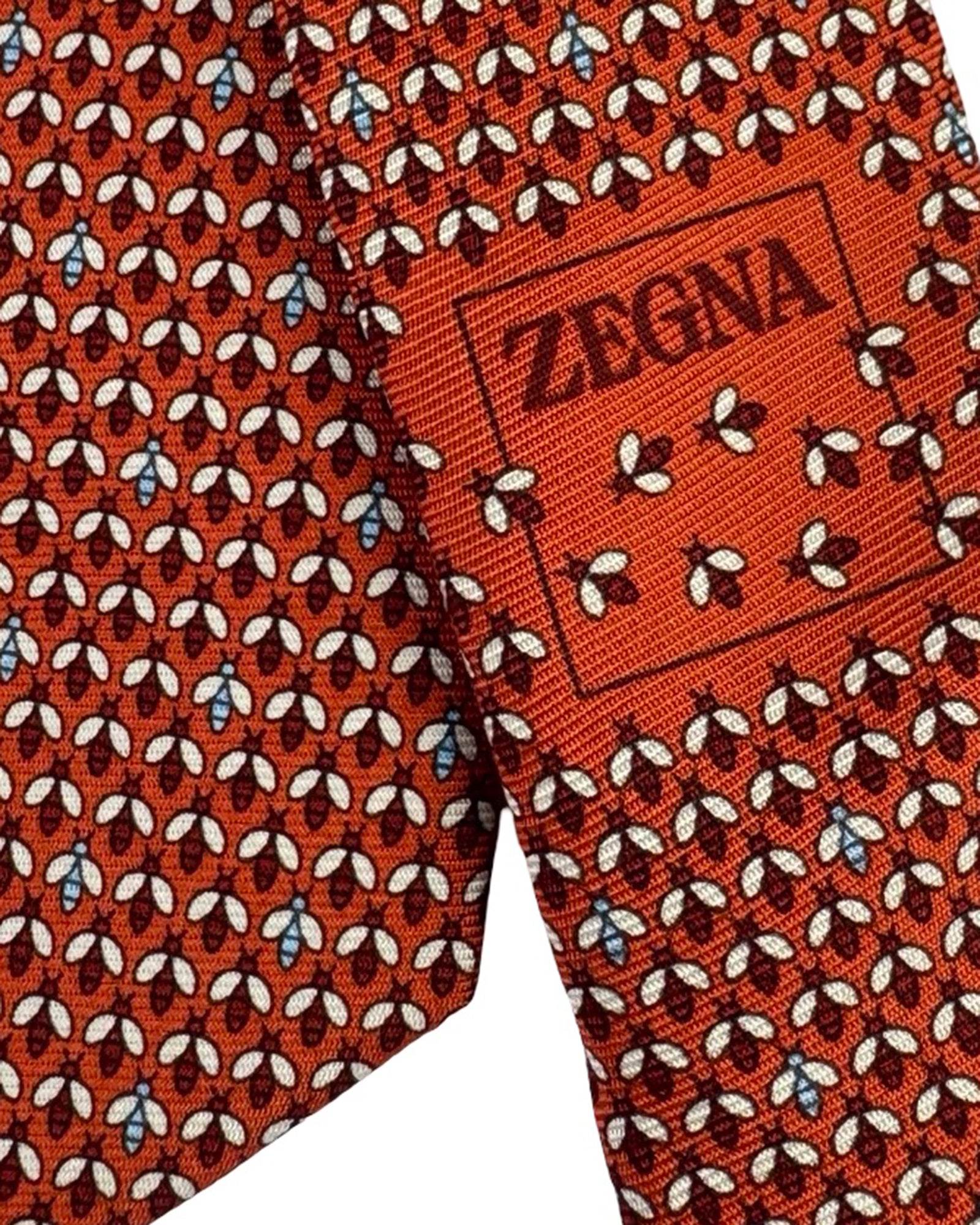 Ermenegildo Zegna Silk Tie Orange Floral Micro Pattern- Narrow Cut
