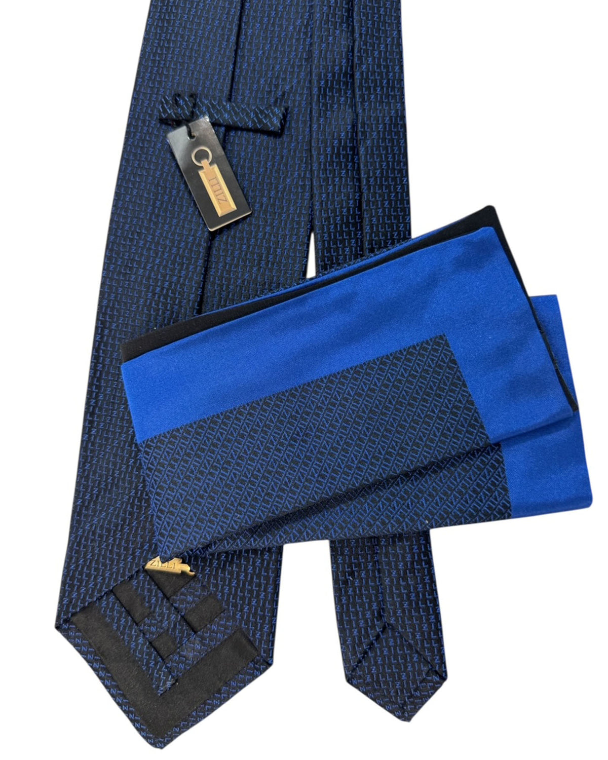 Zilli Silk Tie & Matching Pocket Square Set Textured Midnight Blue