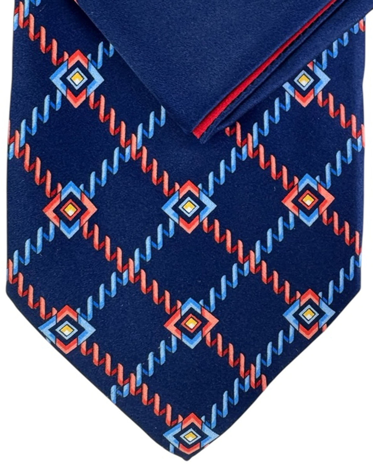 Zilli Silk Tie & Matching Pocket Square Set Navy Red Blue Geometric SALE