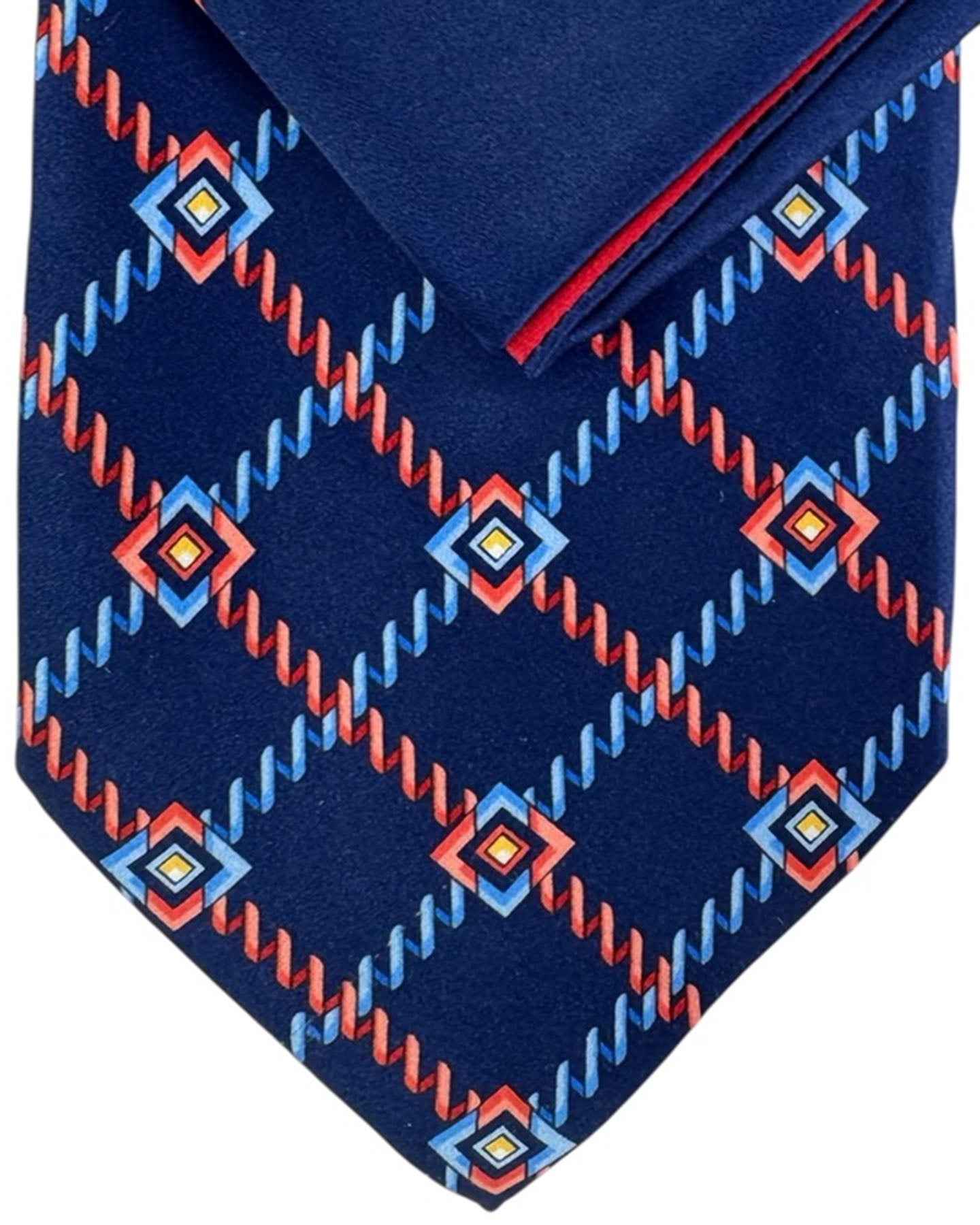 Zilli Silk Tie & Matching Pocket Square Set Navy Red Blue Geometric SALE