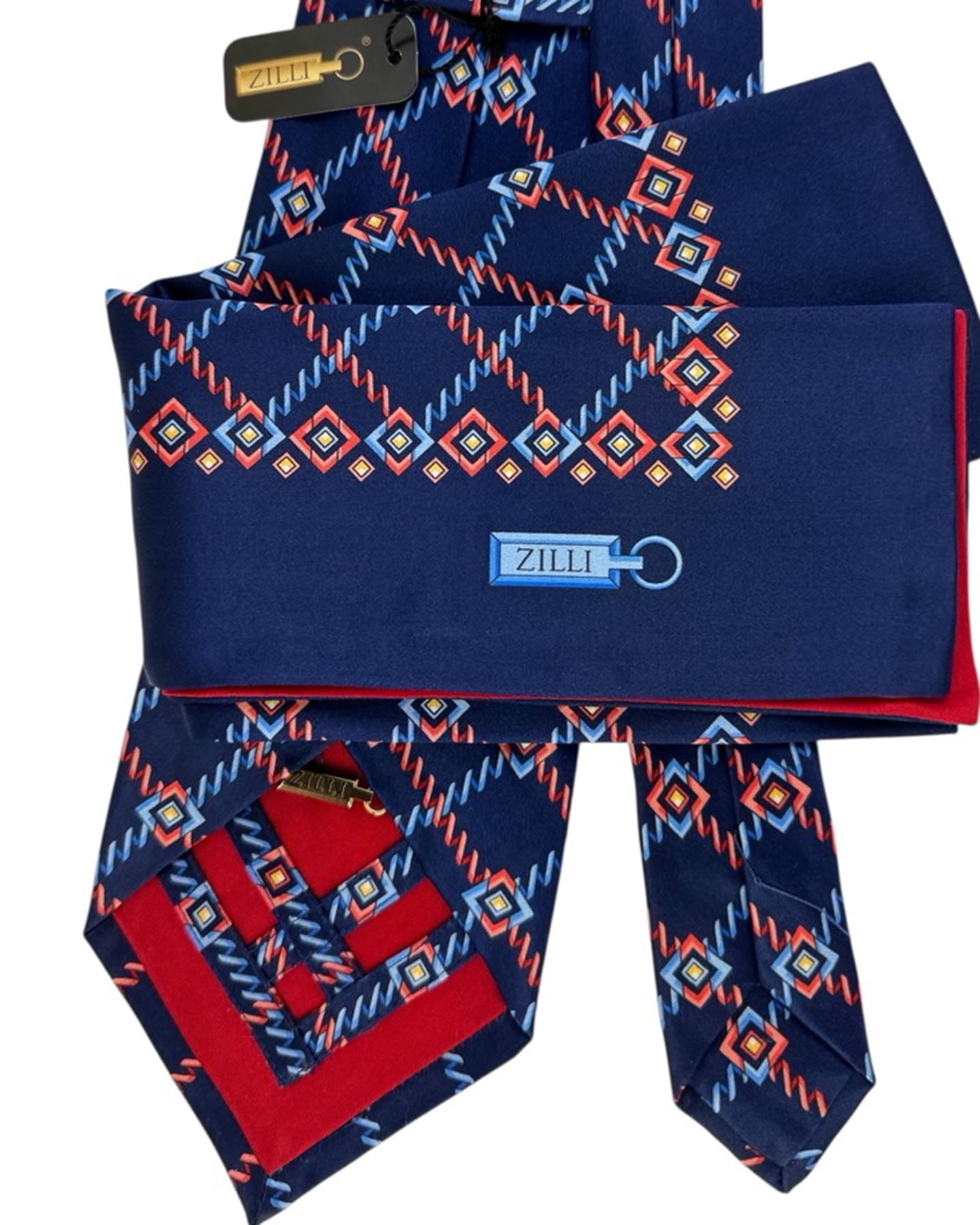 Zilli Silk Tie & Matching Pocket Square Set Navy Red Blue Geometric SALE