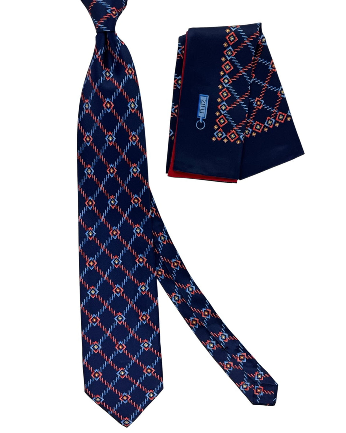 Zilli Silk Tie & Matching Pocket Square Set Navy Red Blue Geometric SALE