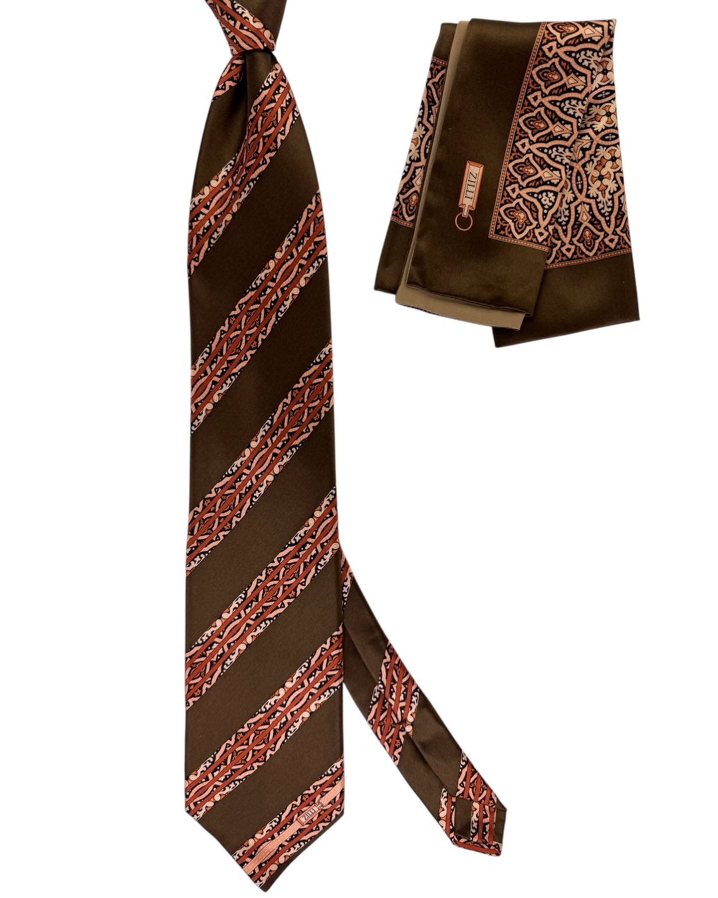 Zilli Silk Tie & Matching Pocket Square Set Brown Orange Peach Patterned Stripes SALE