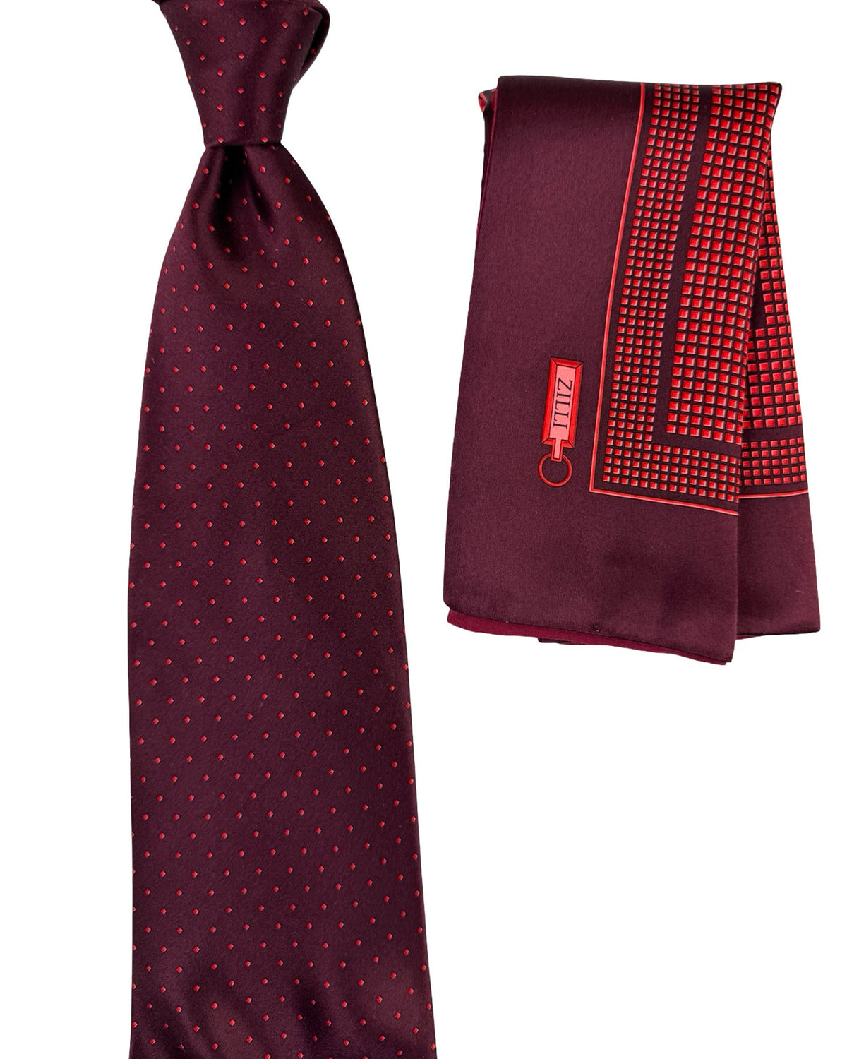 Zilli Tie & Matching Pocket Square Set Bordeaux Red Diamond Grid Pattern SALE