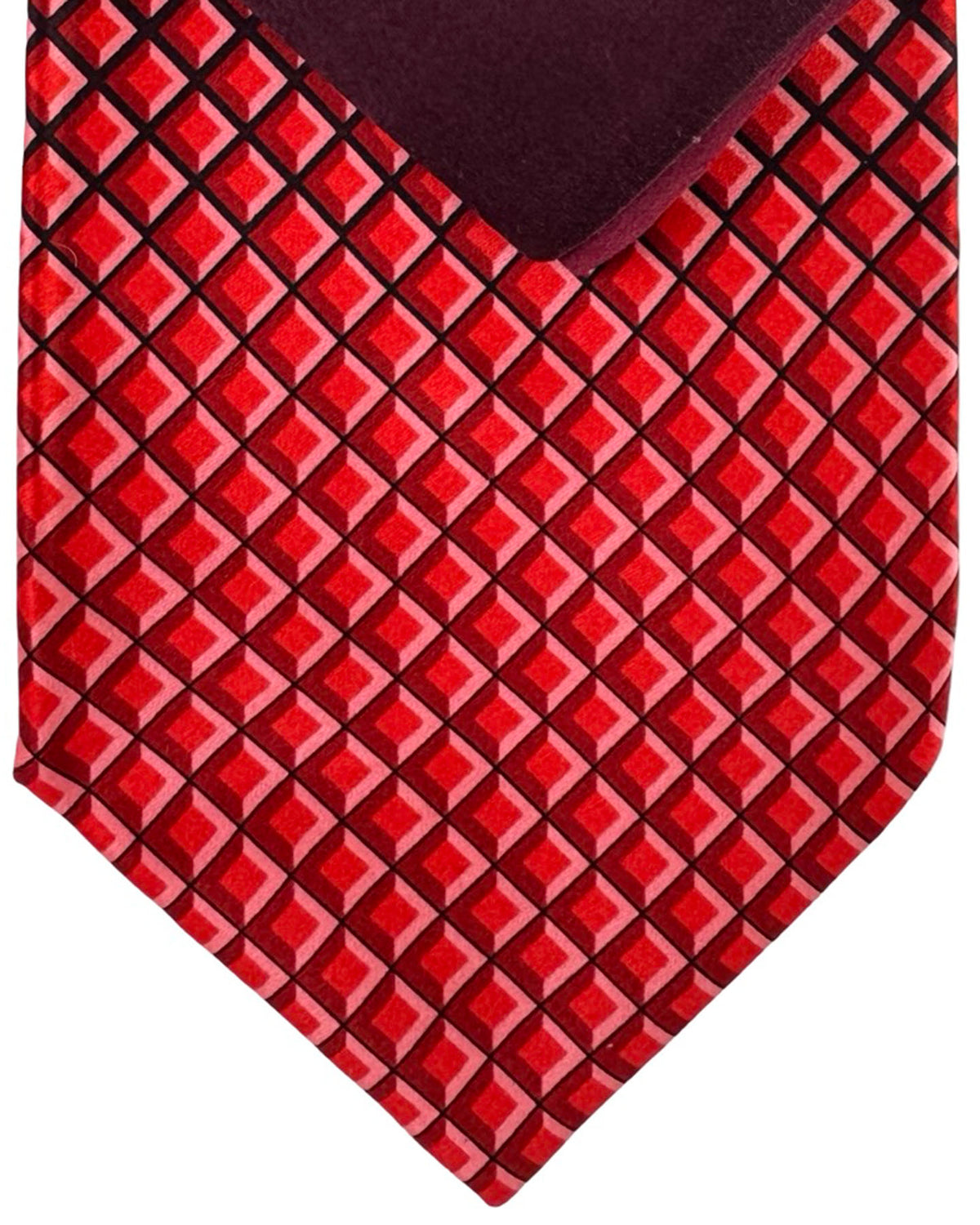Zilli Tie & Matching Pocket Square Set Bordeaux Red Diamond Grid Pattern SALE