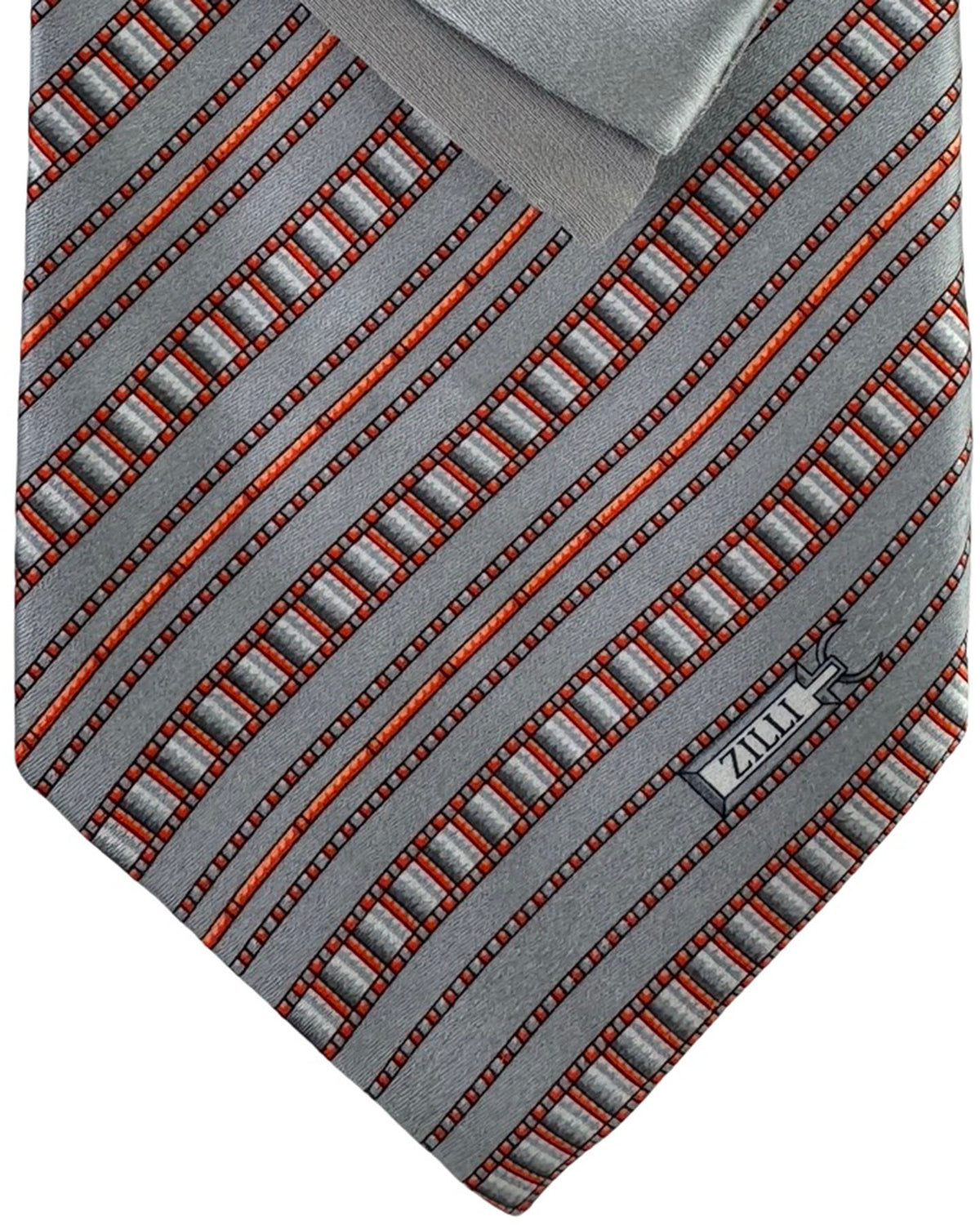 Zilli Tie & Matching Pocket Square Set Silver Gray Stripes Orange SALE