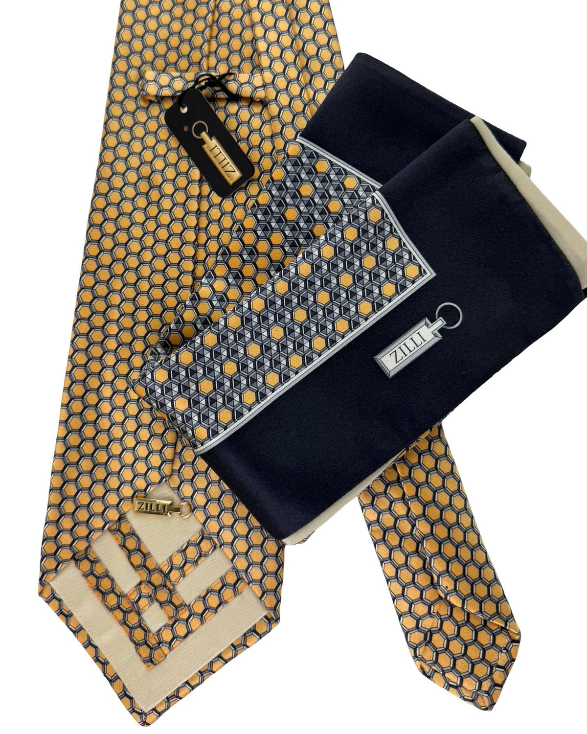 Zilli Tie & Matching Pocket Square Set Gold Black Pattern