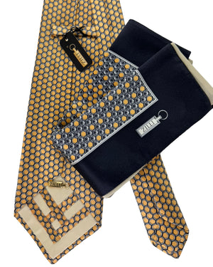 Zilli Tie & Matching Pocket Square Set Gold Black Pattern