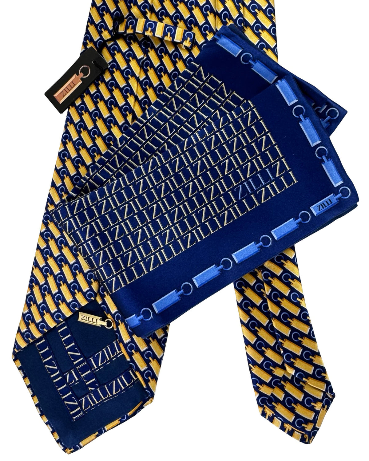 Zilli Tie & Matching Pocket Square Set Navy And Gold Key Motif