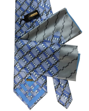Zilli Extra Long Tie & Matching Pocket Square Set Gray Periwinkle Blue SALE