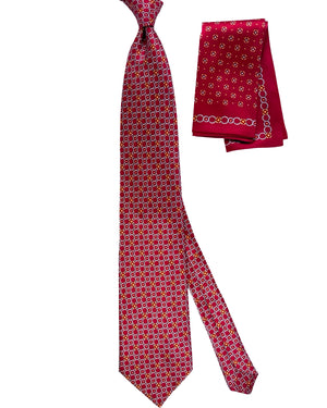 Zilli Silk Tie & Matching Pocket Square Set Bordeaux Gold Silver Interlocking Chain SALE