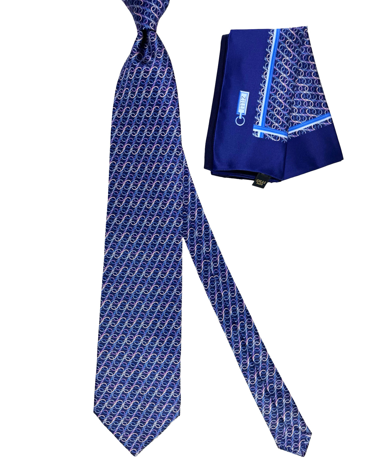 Zilli Silk Tie & Pocket Square Set Blue Lilac Design