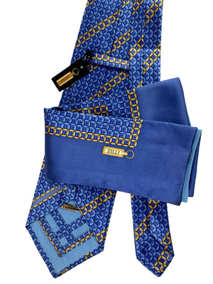 Zilli Tie & Matching Pocket Square Set Blue Orange-Gold Design