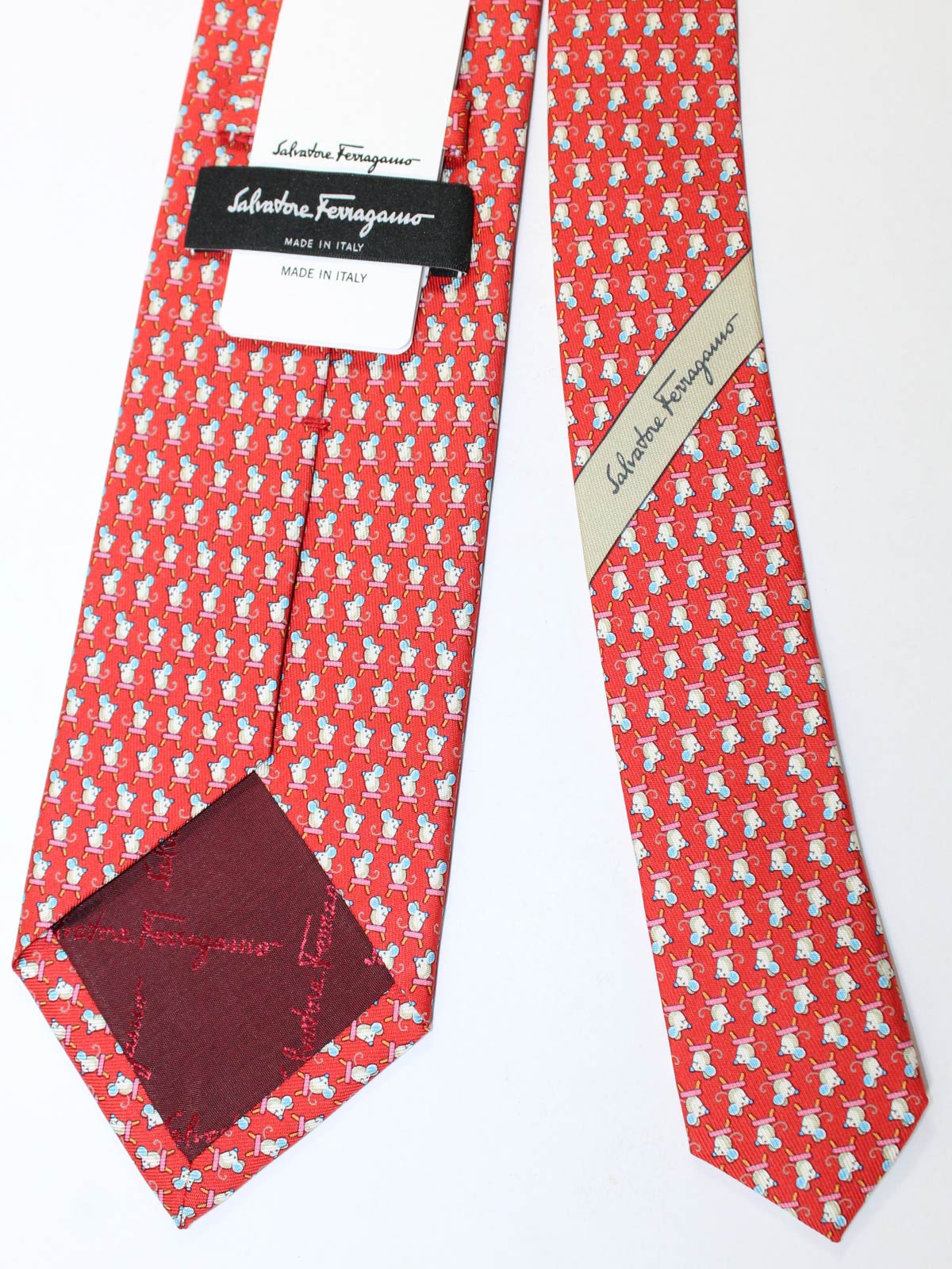 Salvatore Ferragamo Silk Tie Red Mouse On Stool Design SALE
