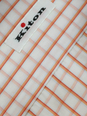 Kiton Dress Shirt White Orange Graph Check Spread Collar 39 - 15 1/2 REDUCED - SALE