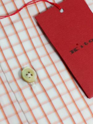 Kiton Dress Shirt White Orange Graphic Check Spread Collar