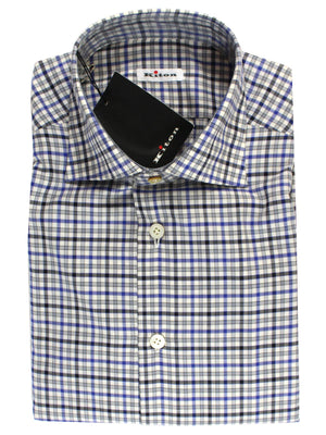 Kiton Dress Shirt White Royal Blue Black Check