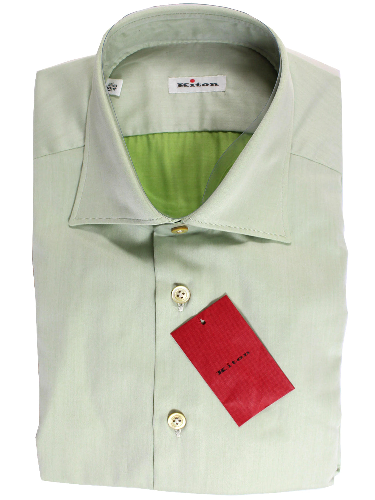 Kiton Dress Shirt Green Solid Spread Collar